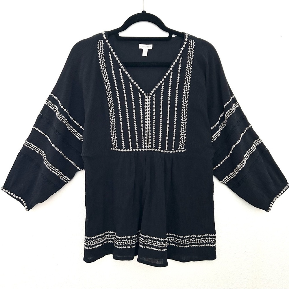 Garnet Hill Embroidered Tunic Top Blouse Boho Cotton Crinkle Gauze Size Medium